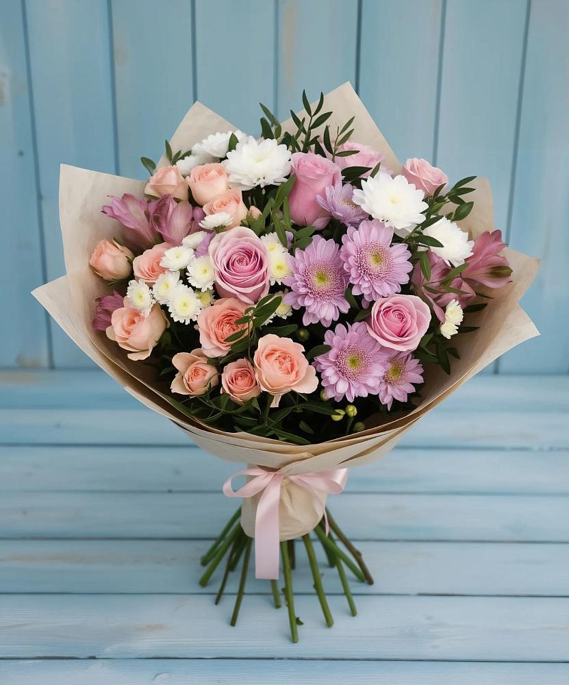 Букет цветов из: Хризантемы, Розы и Альстромерии в Цибанобалка