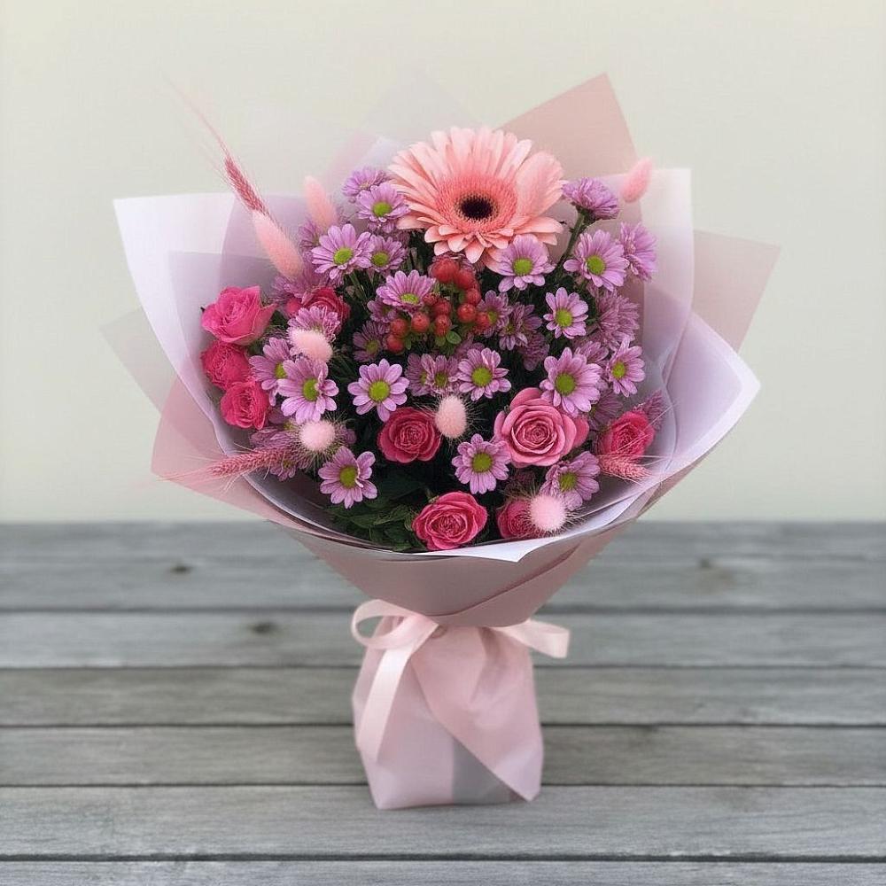 Букет цветов из: Розы, Герберы и Хризантемы в Цибанобалка