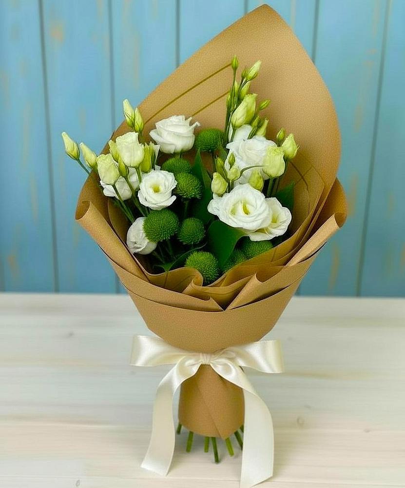 Букет цветов из: Хризантемы и Лизиантусы в Цибанобалка