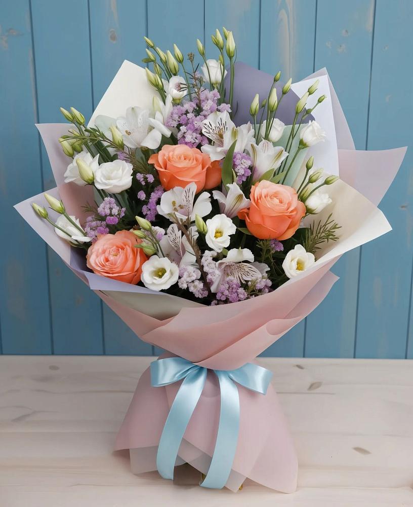 Букет цветов из: Лизиантусы, Розы, Альстромерии и Гипсофила в Цибанобалка