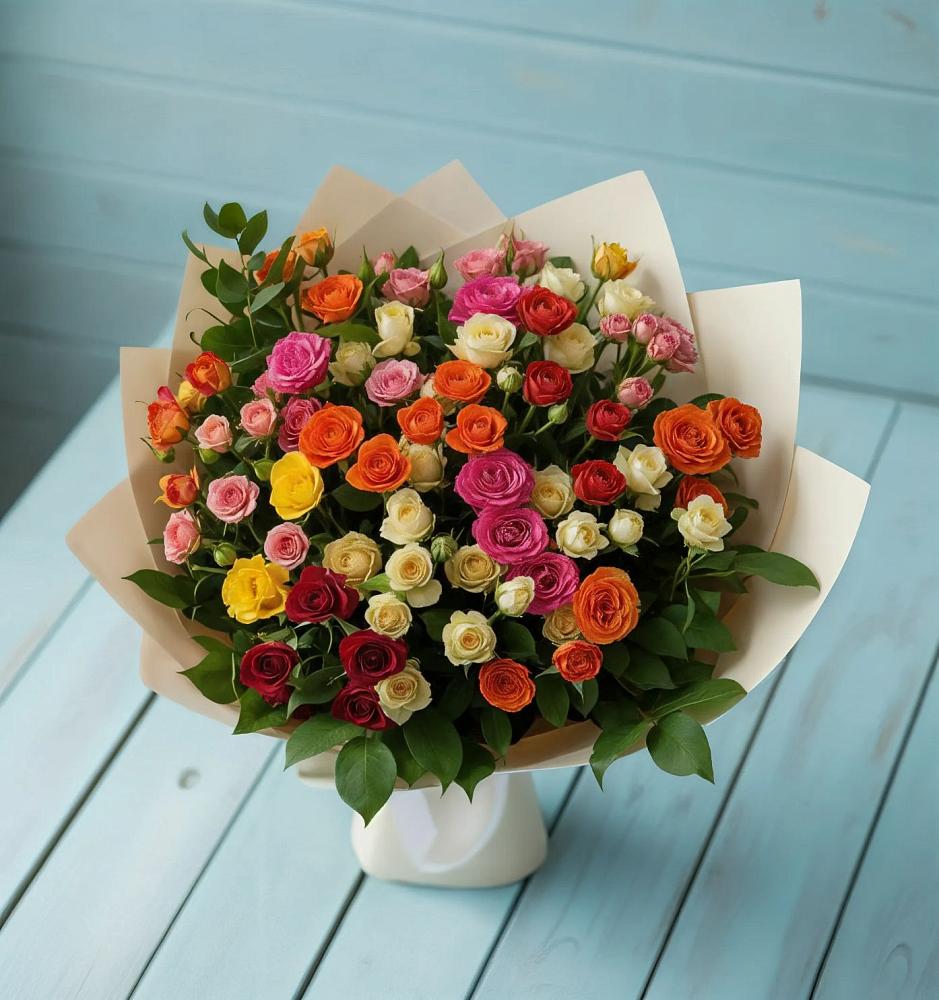 Букет Микс из разноцветных кустовых роз в Цибанобалка