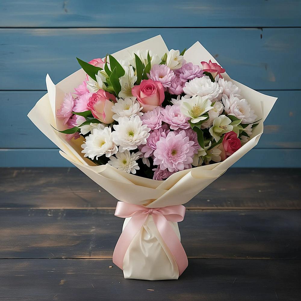 Букет цветов из: Хризантемы, Альстромерии и Розы в Цибанобалка